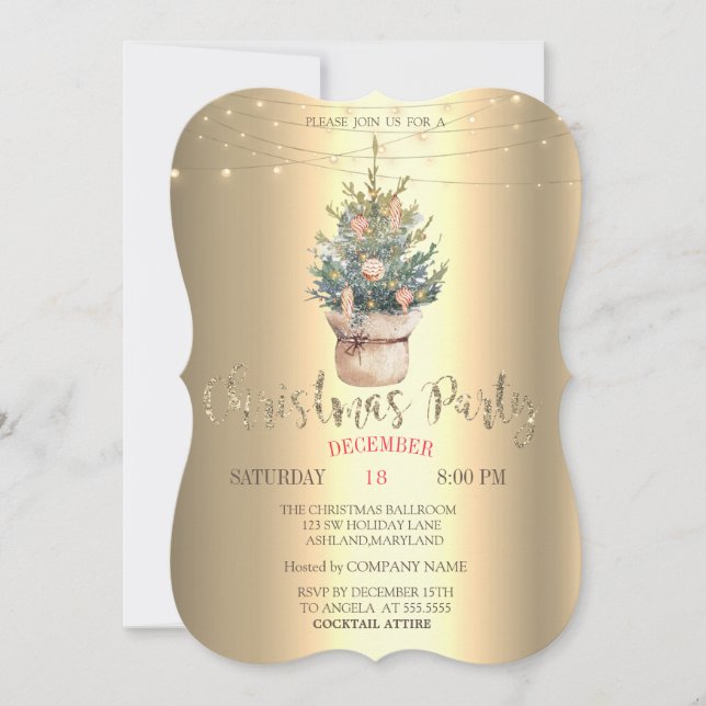 Invitación Árbol acuarela, ornamentos Navidades de oro (Anverso)