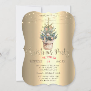 Invitación Árbol acuarela, ornamentos Navidades de oro