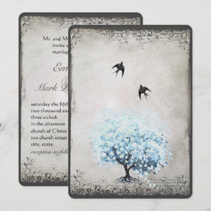 Invitación Árbol azul de hoja de corazón pergamino plateado v