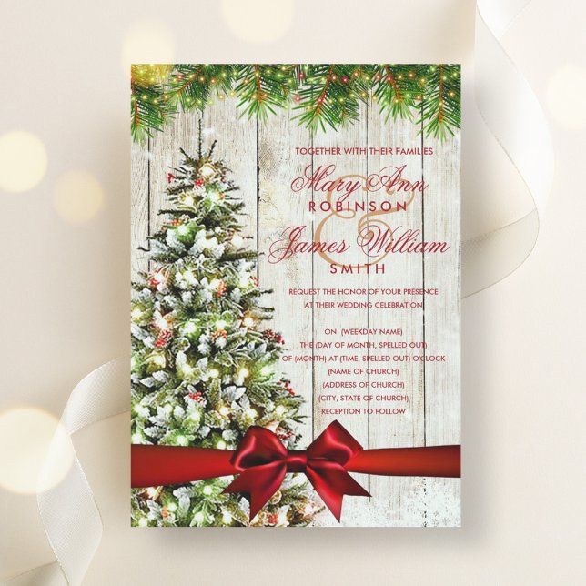 Invitación Árbol Boda de Navidades Rústicos, luces y cinta ro (Rustic Christmas Wedding Tree, Lights & Red Ribbon Invitation)