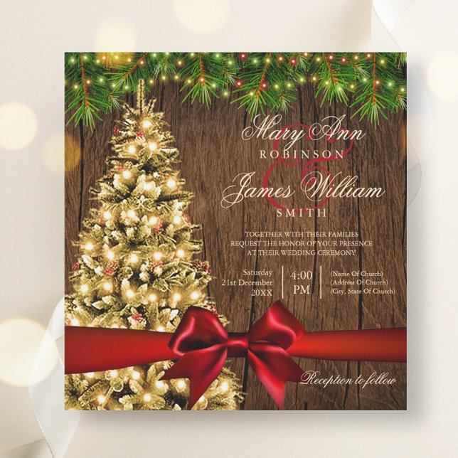 Invitación Árbol Boda de Navidades Rústicos, luces y cinta ro (Rustic Christmas Wedding Tree, Lights & Red Ribbon Invitation)