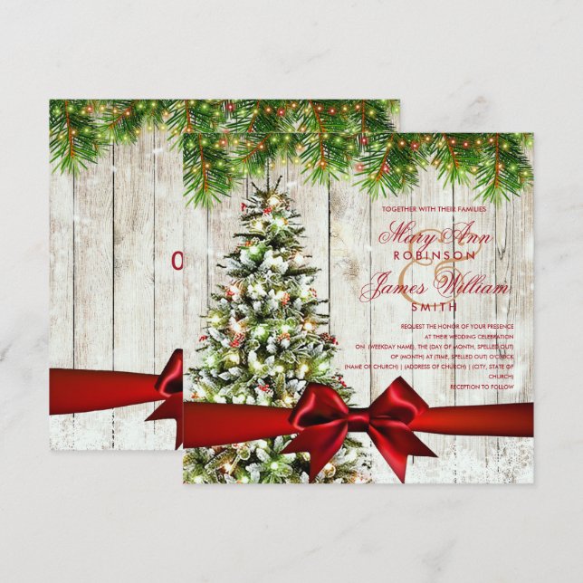 Invitación Árbol Boda, luces y cinta roja de navidades (Anverso / Reverso)