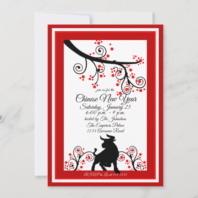 Invitación Árbol chino de flores y óx de Año Nuevo 2021 (Anverso)