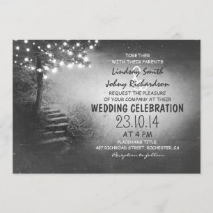 Invitación árbol con luces de cadena boda blanco y negro