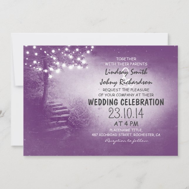 Invitación árbol con luces de cuerda boda rústico púrpura (Anverso)