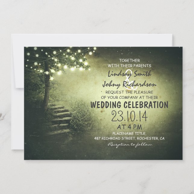Invitación árbol con luces de cuerda boda rústico verde (Anverso)