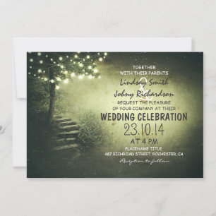 Invitación árbol con luces de cuerda boda rústico verde