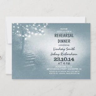 Invitación árbol con luces de cuerda cena rústica de ensayo