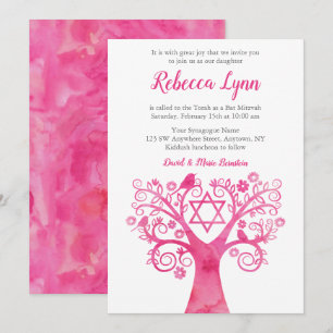 Invitación Árbol de acuarela rosa de Life Bat Mitzvah invita