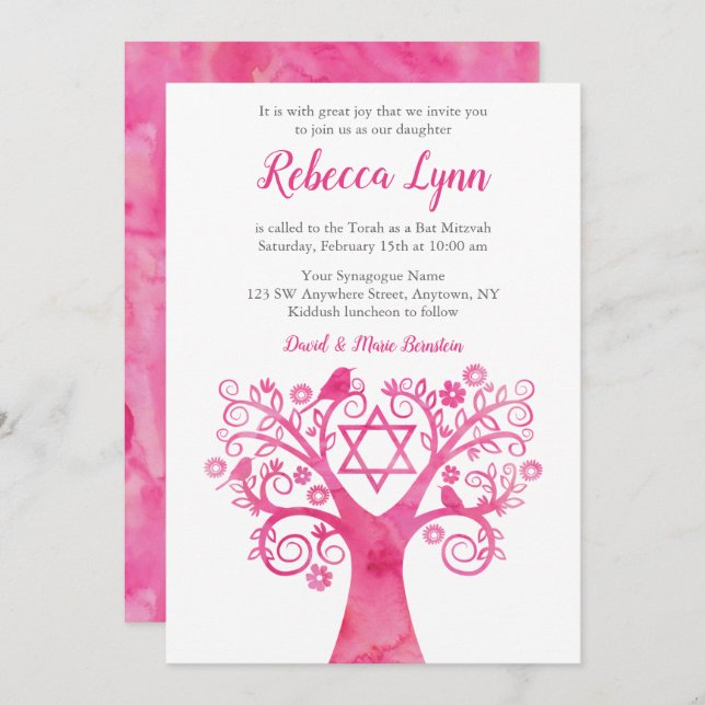 Invitación Árbol de acuarela rosa de Life Bat Mitzvah invita (Anverso / Reverso)