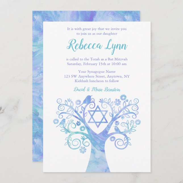 Invitación Árbol de acuarela Verde azulada Lavender Bat Mitzv (Anverso / Reverso)