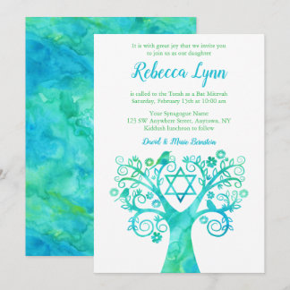 Invitación Árbol de acuarela verde verde azulado de Bat de vi