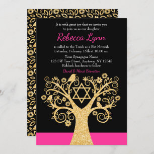 Invitación Árbol de aves vitales Bat de oro rosa Mitzvah