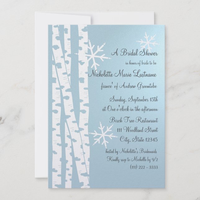 Invitación Árbol de aves y copos de nieve Ducha de novia Azul (Anverso)