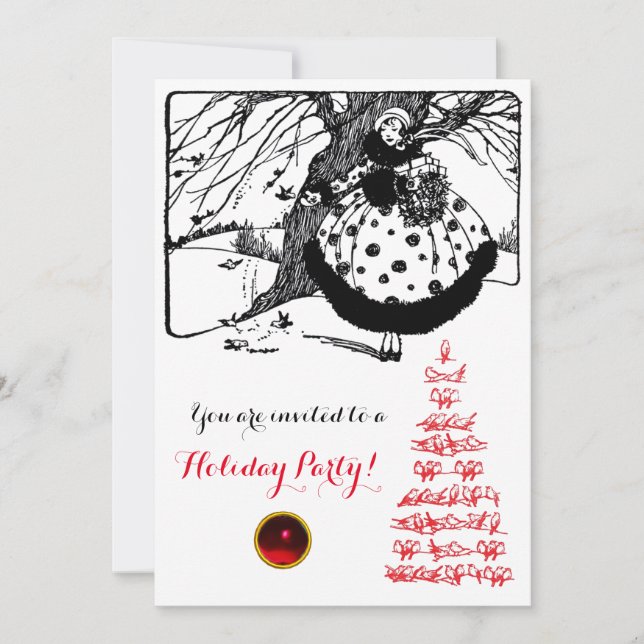 Invitación ÁRBOL DE AVES Y NAVIDADES SEÑORA Gema Rojo Blanco  (Anverso)