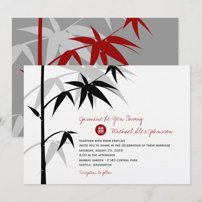 Invitación Árbol de bambú oriental simple Boda chino moderno (Anverso / Reverso)