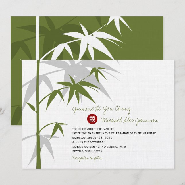 Invitación Árbol de bambú oriental simple Boda chino moderno (Anverso / Reverso)