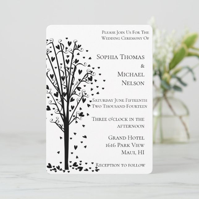 Invitación Árbol de boda de corazones románticos chic (Anverso de pie)