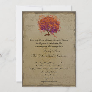 Invitación Árbol de boda dorado musical de corazón rojo ígneo