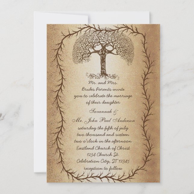 Invitación Árbol de Boda forestal en Boda de papel marrón (Anverso)