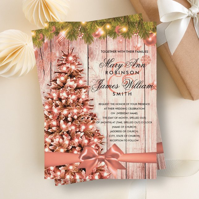 Invitación Árbol de Bodas de Navidades de oro Rosa, luces y c (Rose Gold Christmas Wedding Tree, Lights & Ribbon Invitation)
