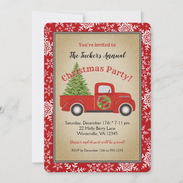Invitación Árbol de camiones rojos y copos de nieve Fiesta de (Anverso)