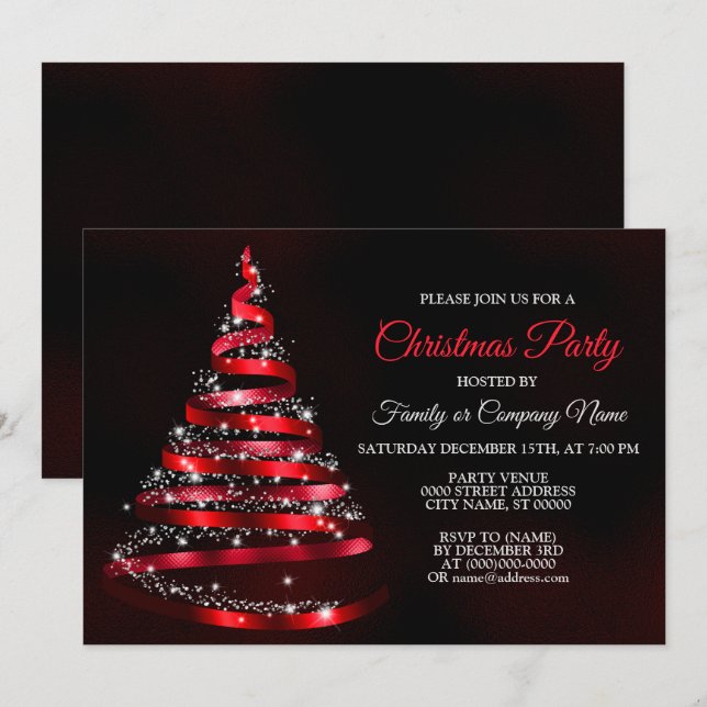Invitación Árbol de cinta roja brillante fiesta de Navidad de (Anverso / Reverso)
