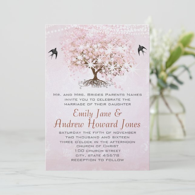 Invitación Árbol de corazón rosa simplemente amor de pájaro b (Anverso de pie)