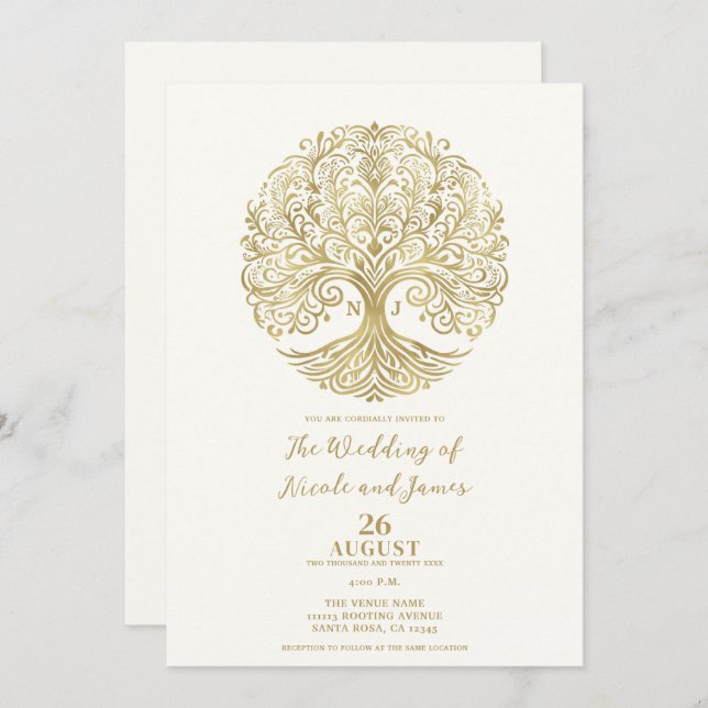 Invitación Árbol de crema de vida y Boda celta de oro (Anverso / Reverso)