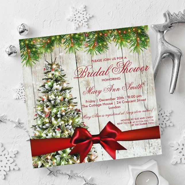 Invitación Árbol de ducha de navidad, luces y cinta roja (Christmas Bridal Shower Tree, Lights & Red Ribbon Invitation)