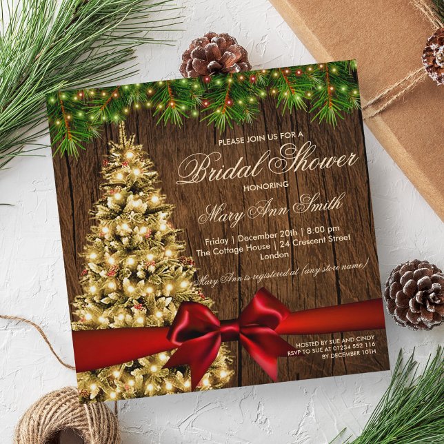 Invitación Árbol de ducha de novia de vacaciones rusas y cint (Rustic Holiday Bridal Shower Tree & Red Ribbon Invitation)