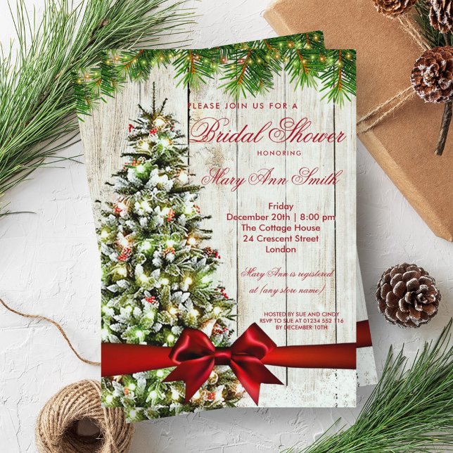 Invitación Árbol de ducha de novia y cinta de opciones para N (Rustic Christmas Bridal Shower Tree & Ribbon Invitation)