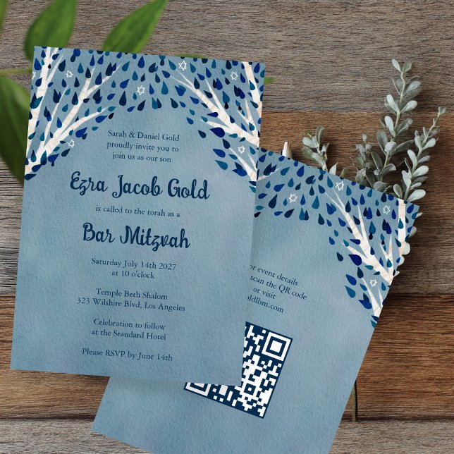Invitación Árbol de estrellas de la vida Personalizado Bat Ba (Tree of Life Stars Custom Bat Bar Mitzvah QR Code Invitation
)