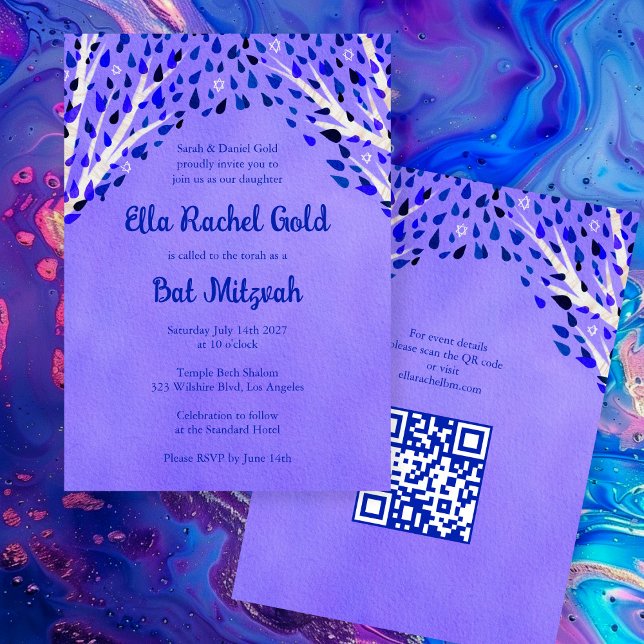 Invitación Árbol de estrellas de la vida Personalizado Bat Ba (Tree of Life Stars Custom Bat Bar Mitzvah QR Code Girl Watercolor Purple Invitation
)