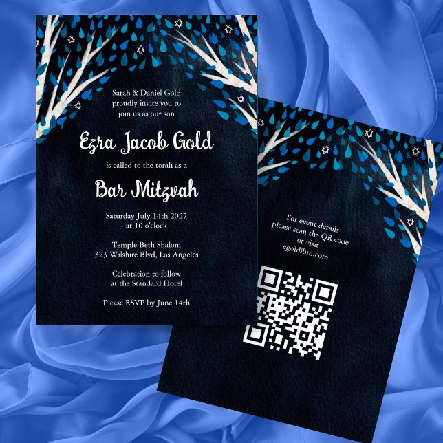 Invitación Árbol de estrellas de la vida Personalizado Bat Ba (Tree of Life Stars Custom Bat Bar Mitzvah QR Code Custom Modern Watercolor Invitation
)