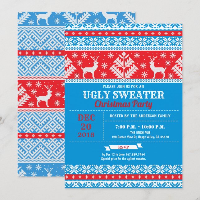 Invitación Árbol de fiestas de renos de Navidades suéteres fe (Anverso / Reverso)