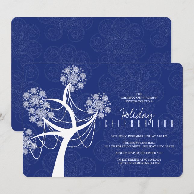 Invitación Árbol De Flor De Nieve Blanca Y Fiesta De Vacacion (Anverso / Reverso)