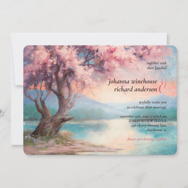 Invitación Árbol de flores de cerezo cerca del Boda del lago (Anverso)