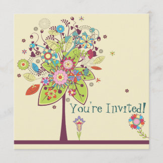 Invitación árbol de flores vectorial colorido bliss