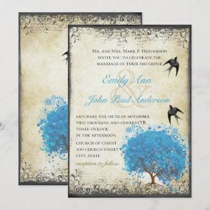 Invitación Árbol de hoja de corazón azul pergamino perla vint