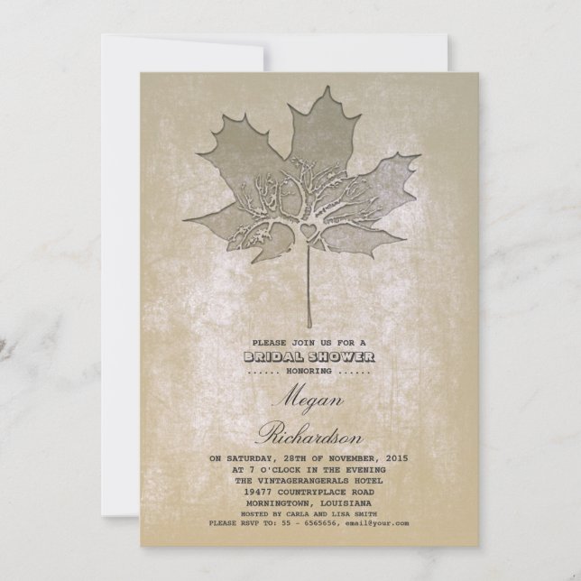 Invitación Árbol de hoja vintage ducha romántica de novia (Anverso)