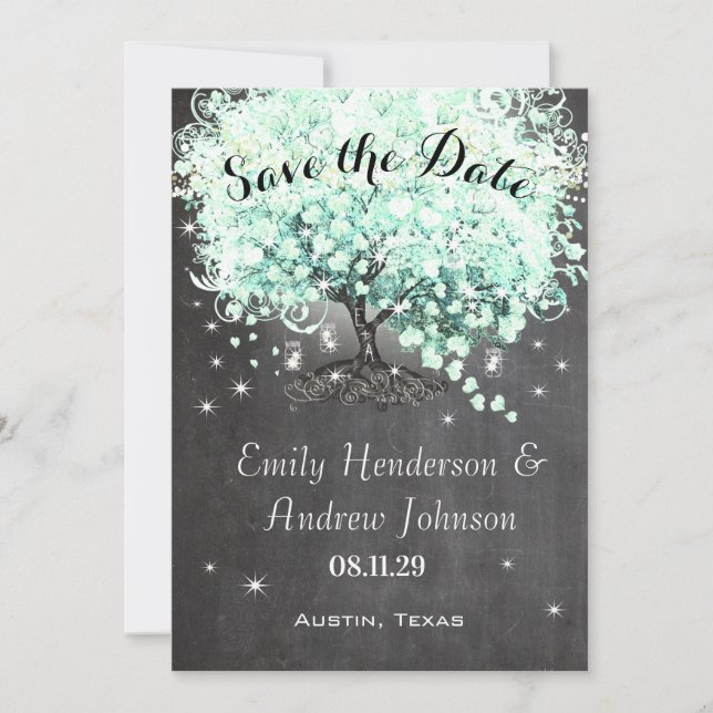 Invitación Árbol de hojas cardíacas Mint Chalkboard Guardar f (Anverso)