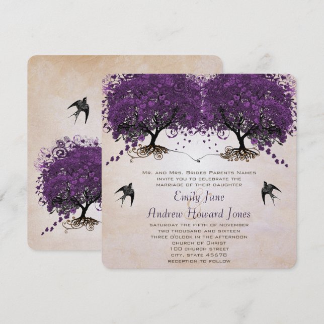 Invitación Árbol de hojas cardíacas purpúrpura simplemente de (Anverso / Reverso)