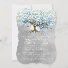Invitación Árbol de hojas de corazón azul y gris Woodsy Boho 