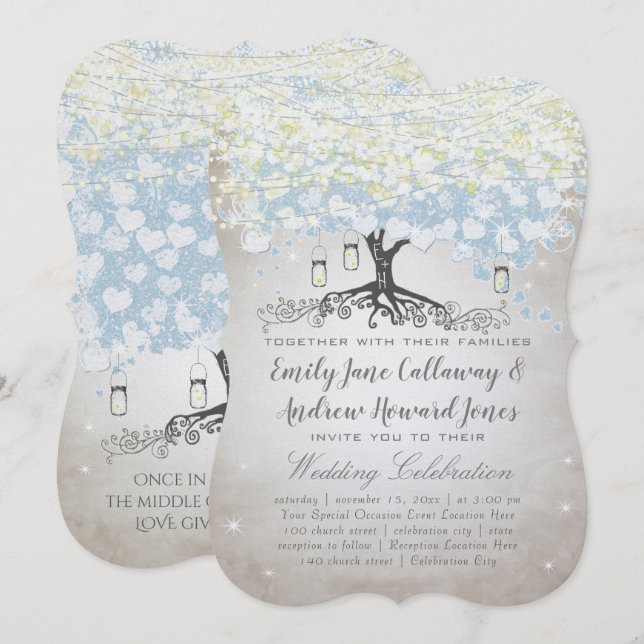 Invitación Árbol de hojas de corazón azul y plateado Woodsy B (Anverso / Reverso)