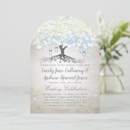Invitación Árbol de hojas de corazón azul y plateado Woodsy B