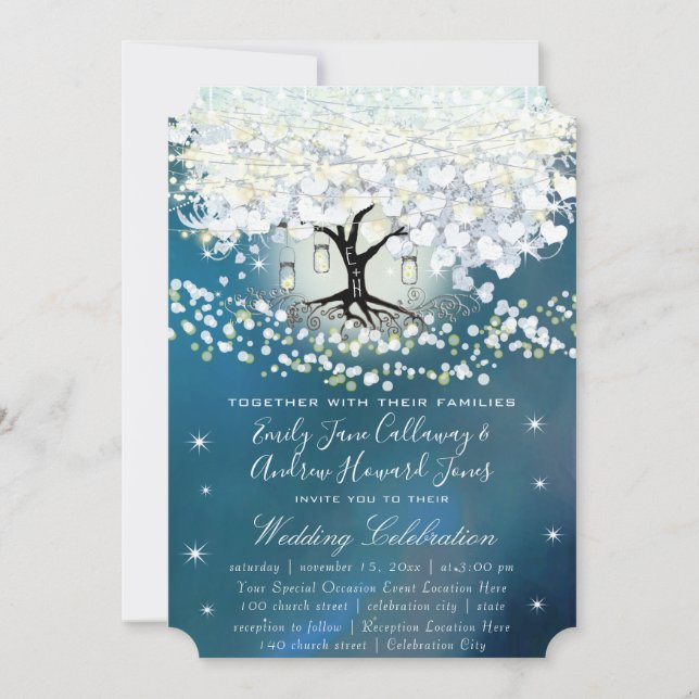 Invitación Árbol de hojas de corazón azul y plateado Woodsy B (Anverso)