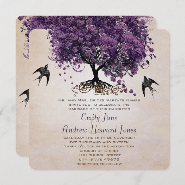 Invitación Árbol de hojas de corazón romántico púrpura simple (Anverso / Reverso)