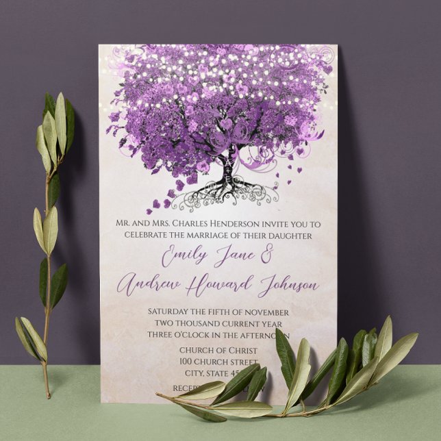 Invitación Árbol de hojas de corazón romántico púrpura simple (Subido por el creador)