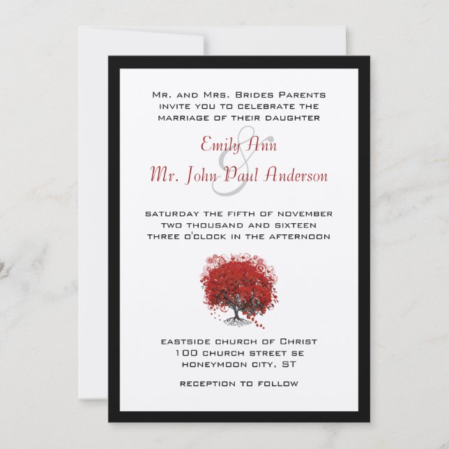 Invitación Árbol de hojas del corazón rojo (Anverso)